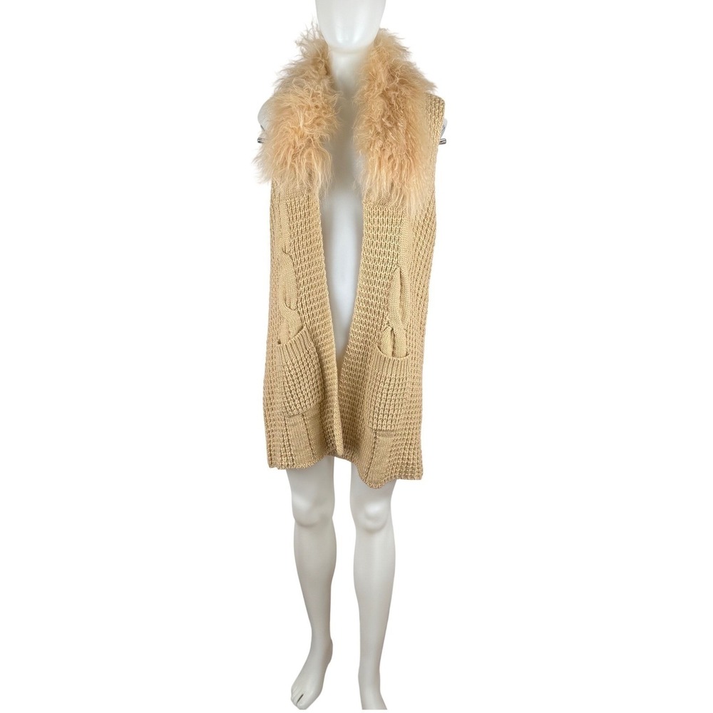 Tan Chunky Knit Longline Vest Real Mongolian Fur Trim Beige  XL